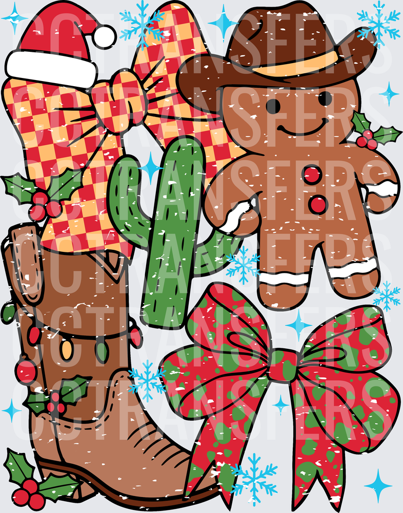 Western Christmas Gingerbread Cowboy Boot Cactus Bow (DTF)