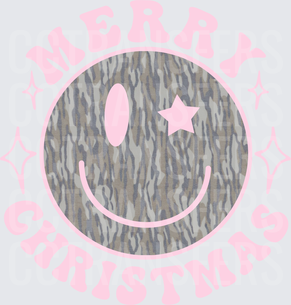 Merry Christmas Camo Smiley Face Star Pink (DTF)
