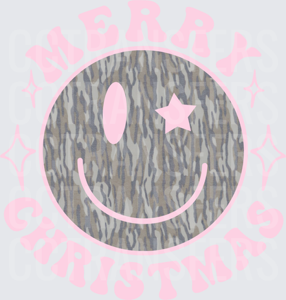 Merry Christmas Camo Smiley Face Star Pink (DTF)