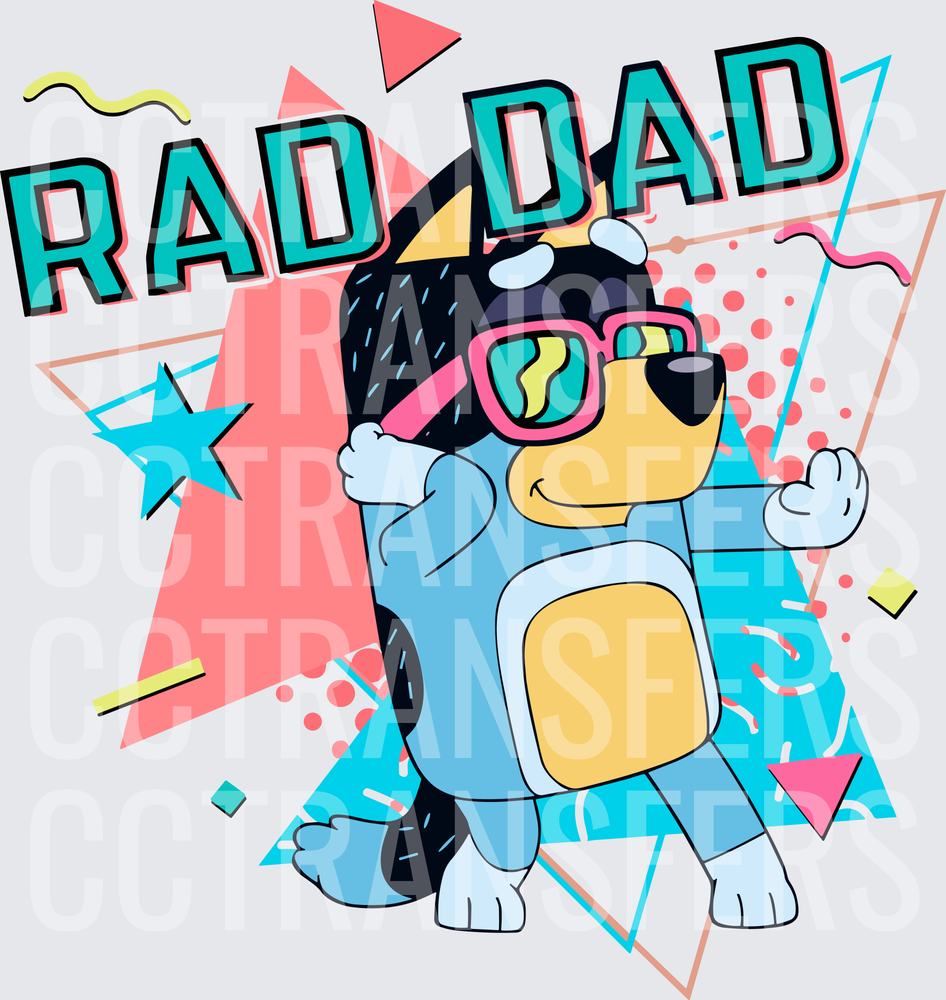 Rad Dad Blue Cartoon Dog With Pink Sunglasses 80s Style (DTF)