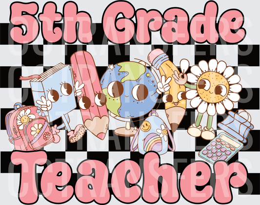 5th Grade Teacher Retro Groovy Checkered Characters (DTF)