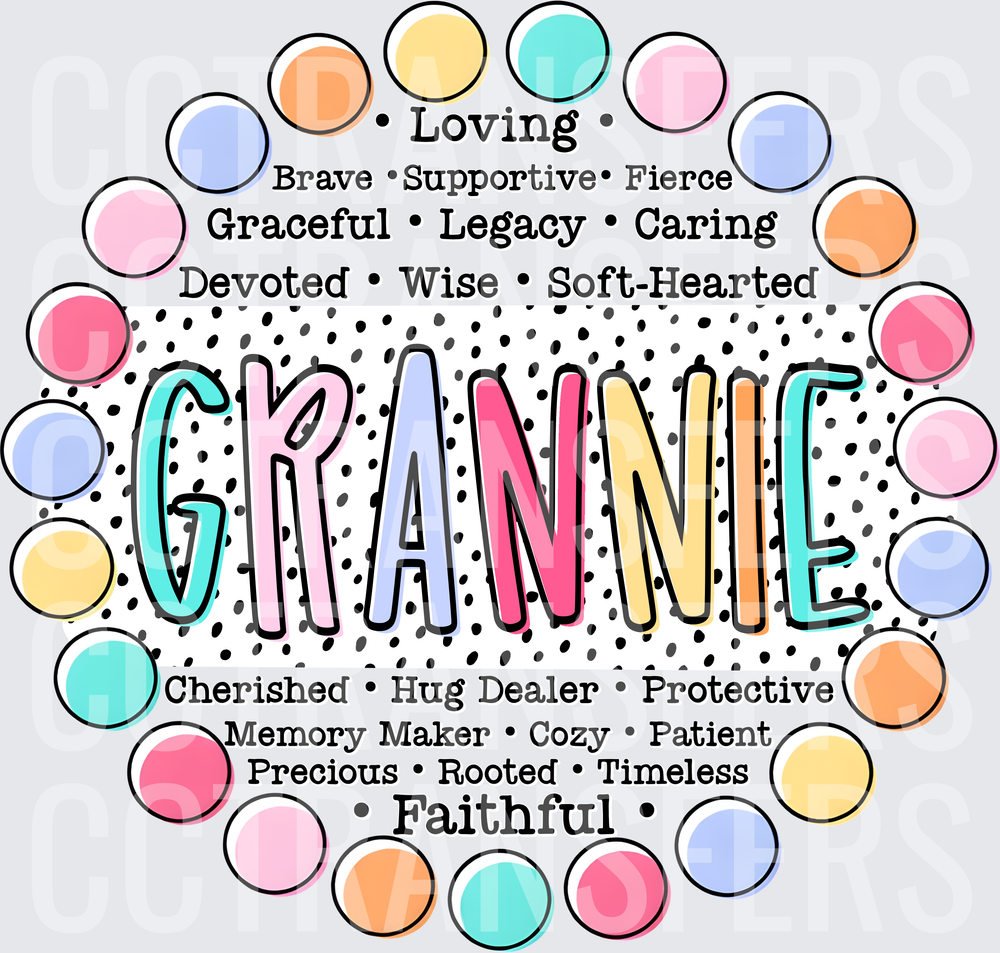 Grannie Word Art Pastel Polka Dot Circle Design (DTF)