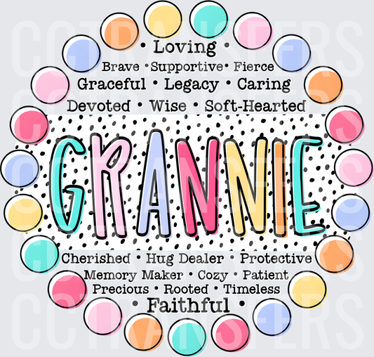 Grannie Word Art Pastel Polka Dot Circle Design (DTF)