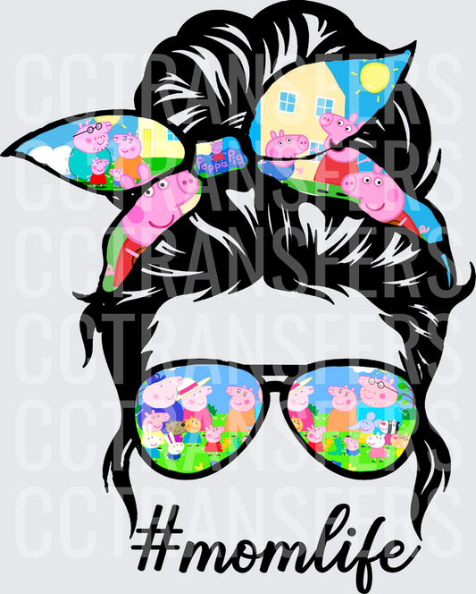 #Momlife Messy Bun Mom with Pink Pig Cartoon Bandana & Shades (DTF)