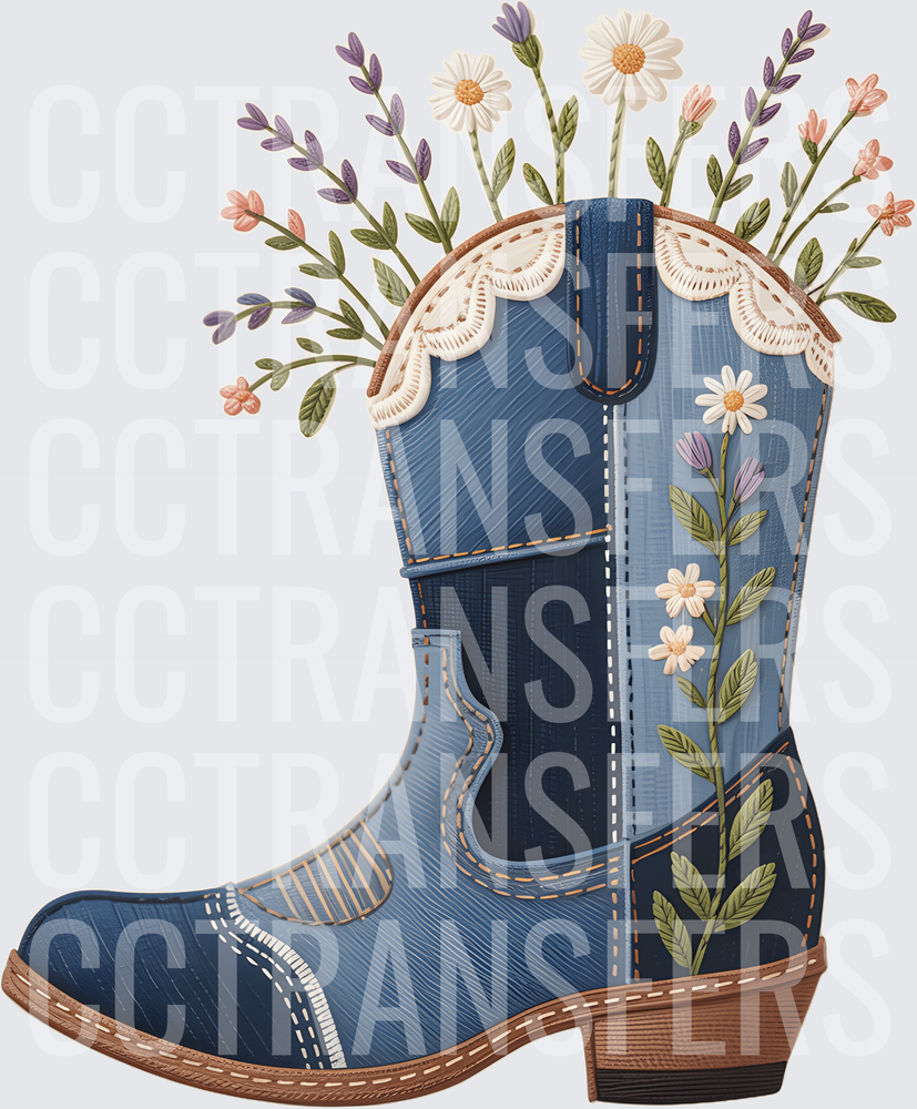 Blue Embroidered Cowboy Boot with Wildflowers (DTF)