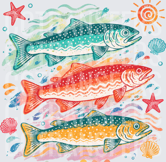 Colorful Trout Trio with Starfish Shells and Sun (DTF)