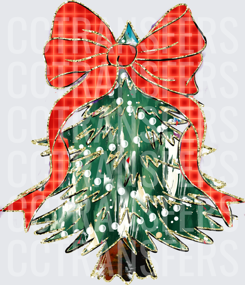 Festive Green Pine Tree with Red Plaid Bow Gold Trim (DTF)