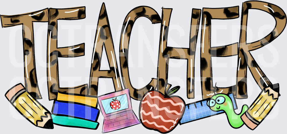 Leopard Print TEACHER Letters with School Supply Icons (DTF)