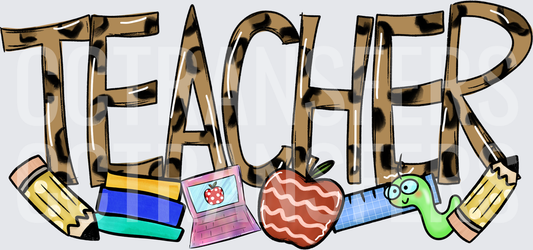 Leopard Print TEACHER Letters with School Supply Icons (DTF)