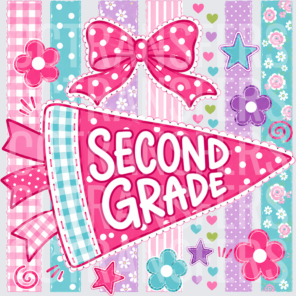 Second Grade Pennant Pink Bow Floral Stripe (DTF)