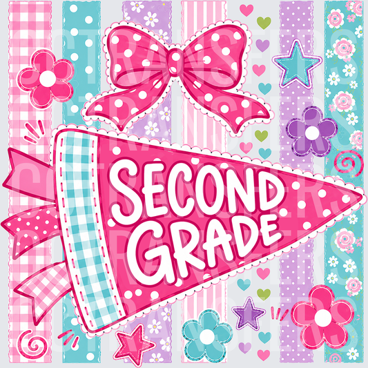 Second Grade Pennant Pink Bow Floral Stripe (DTF)