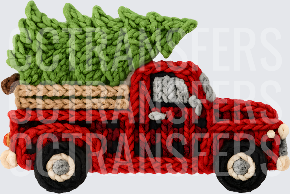 Knitted Red Truck Carrying Christmas Trees Holiday (DTF)