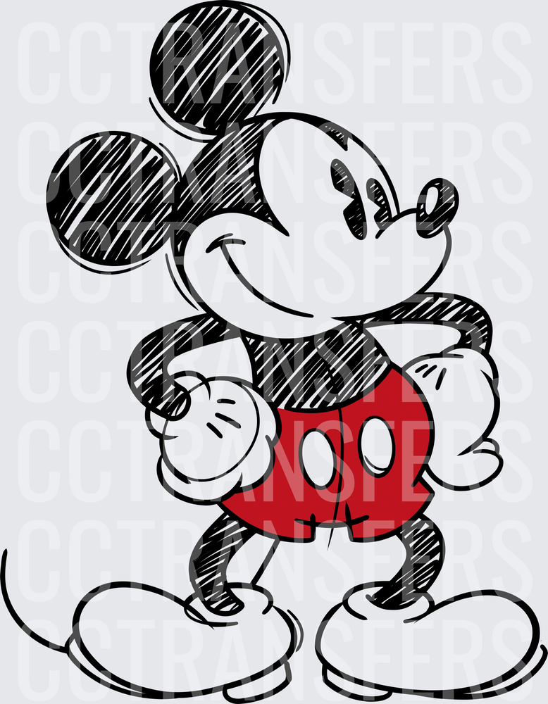 Vintage Sketch Style Cartoon Mouse Red Shorts (DTF)