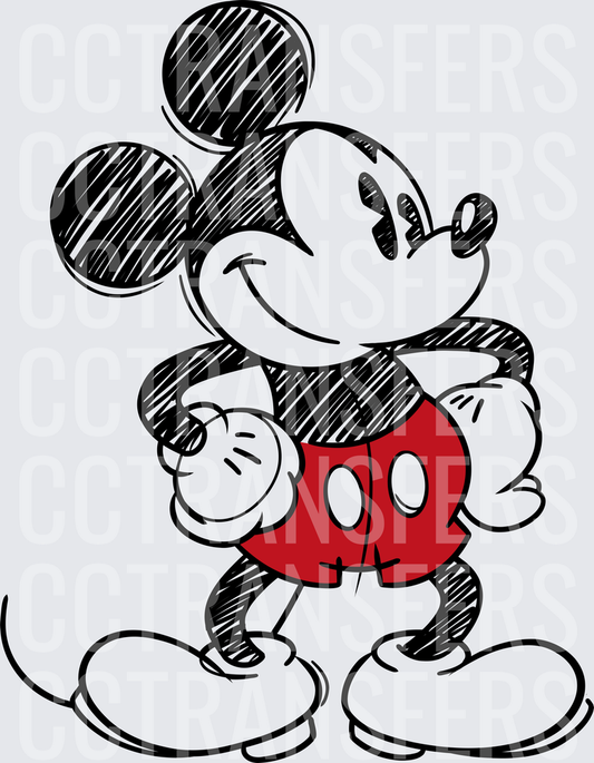 Vintage Sketch Style Cartoon Mouse Red Shorts (DTF)