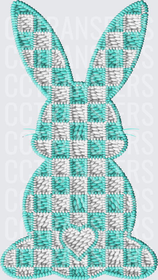 Teal Checkered Embroidery Style Easter Bunny (DTF)