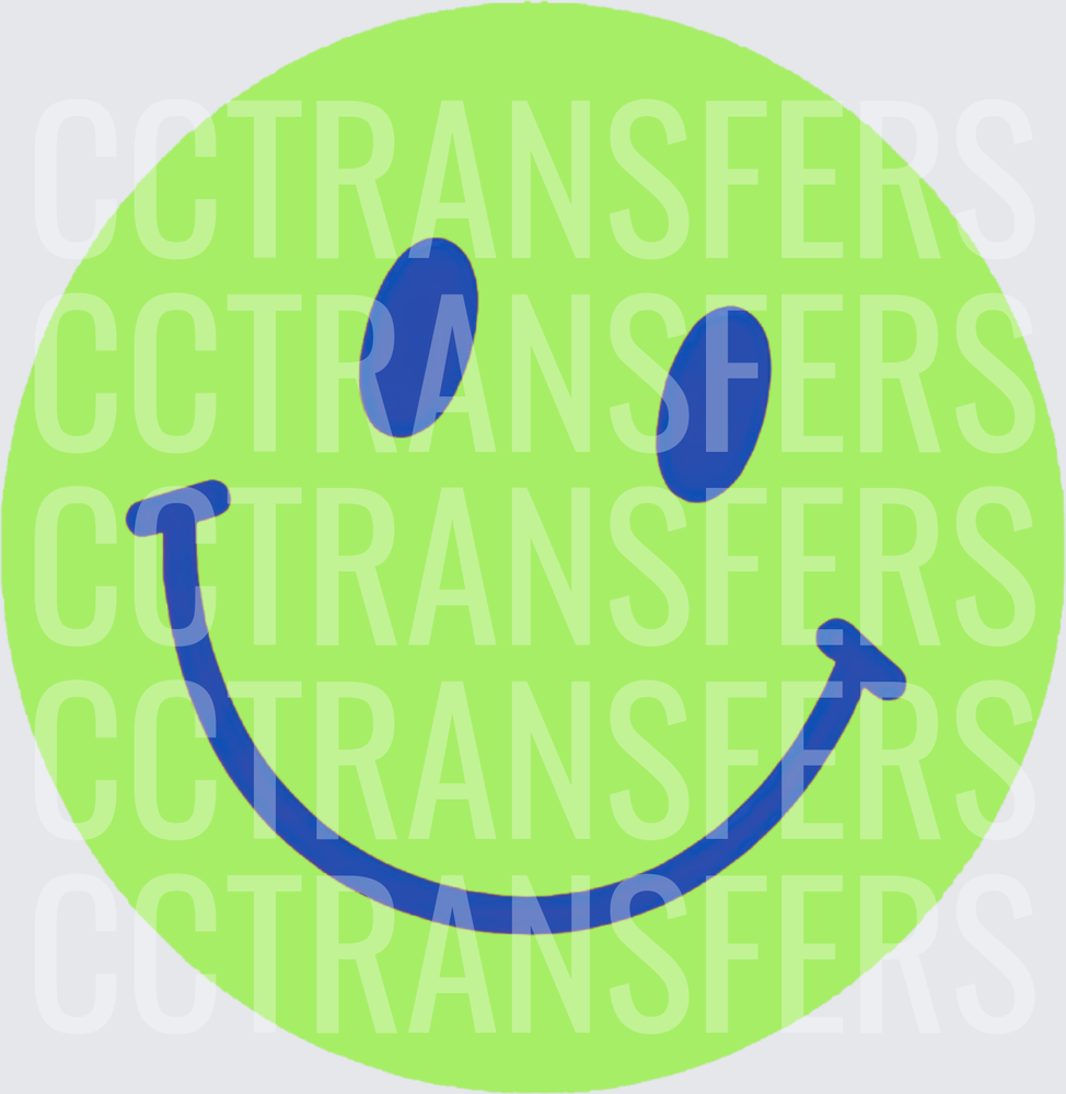 Neon Green Smiley Face with Blue Outline (DTF)