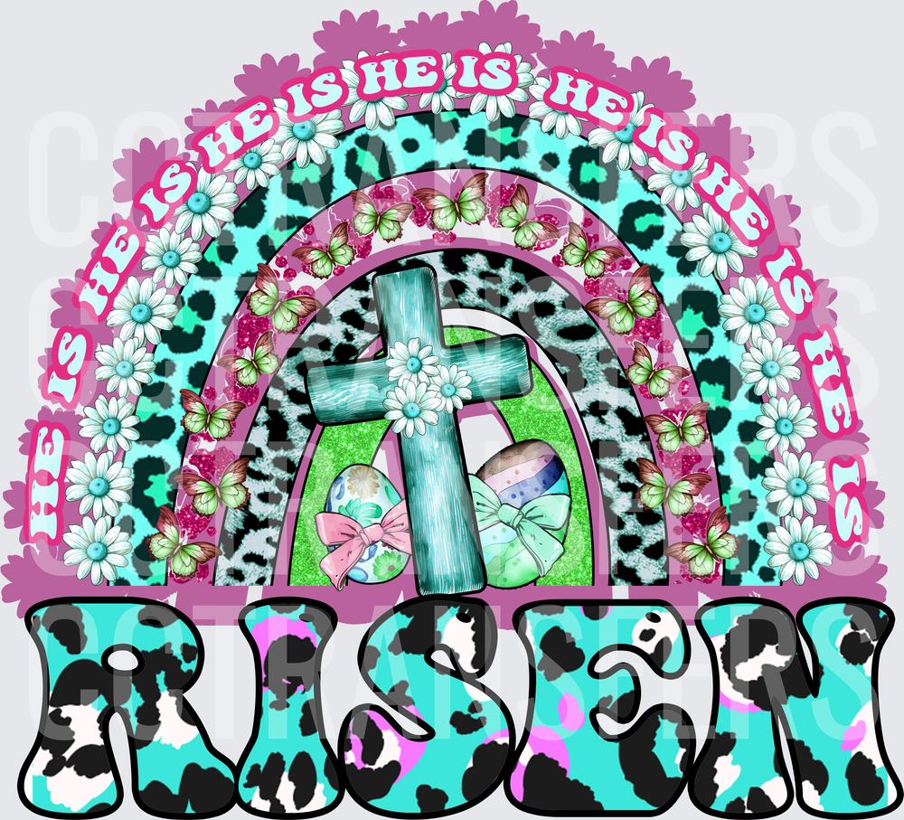 He Is Risen Easter Cross Rainbow Leopard Cow Print (DTF)