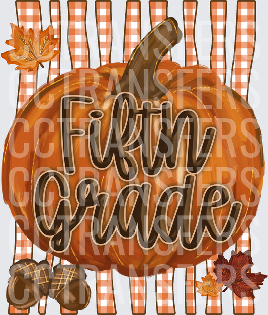 Fifth Grade Fall Pumpkin Gingham Autumn Leaves Acorns (DTF)