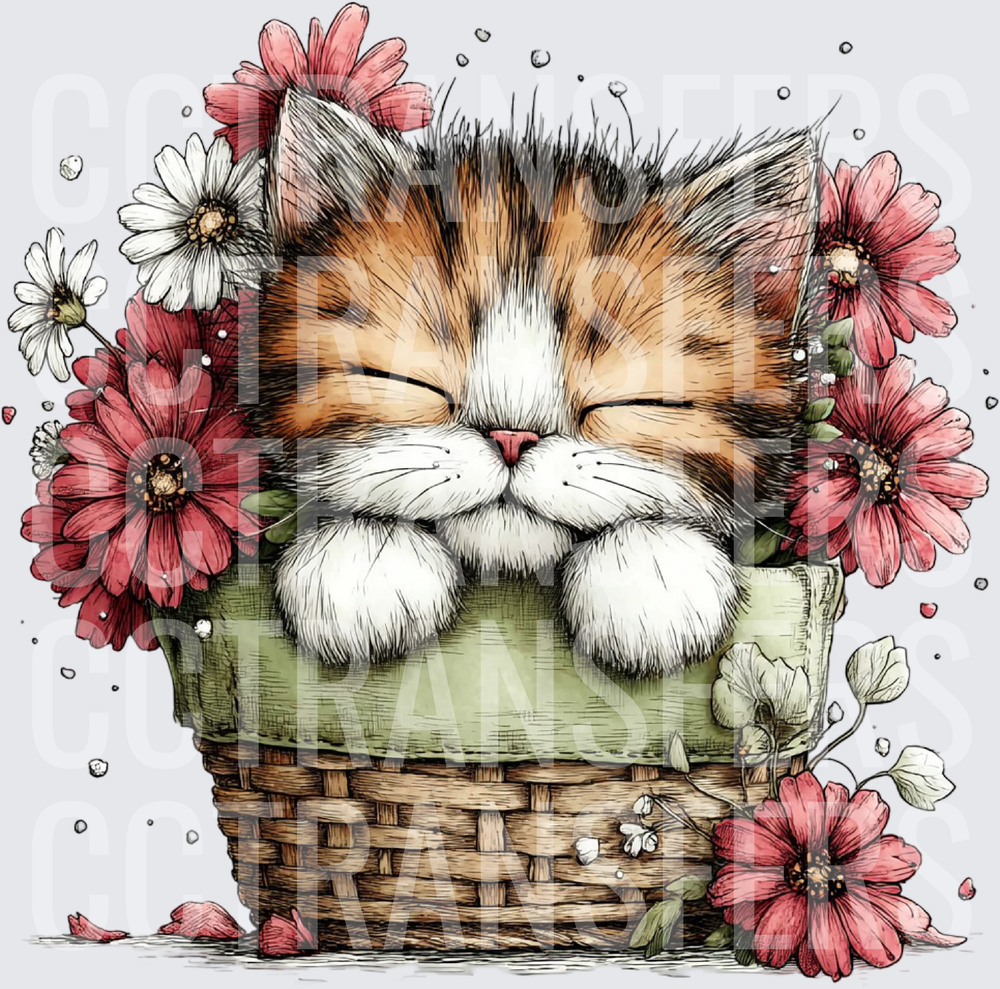 Sleeping Calico Kitten in Floral Wicker Basket (DTF)