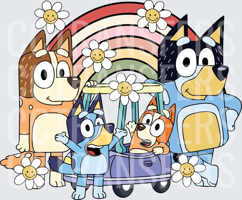 Cartoon Dog Family Rainbow Daisy Toy Car Scene (DTF)