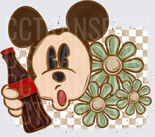 Retro Cartoon Mouse Holding Soda Bottle Floral Checkered (DTF)