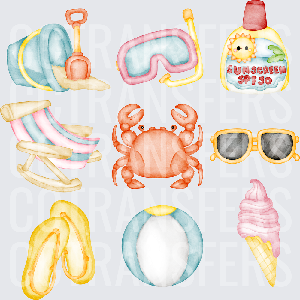 Watercolor Summer Beach Icons Crab Sunscreen SPF 50 (DTF)