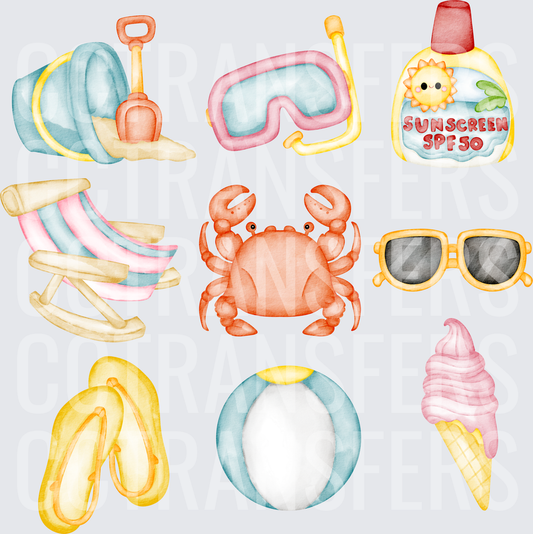Watercolor Summer Beach Icons Crab Sunscreen SPF 50 (DTF)