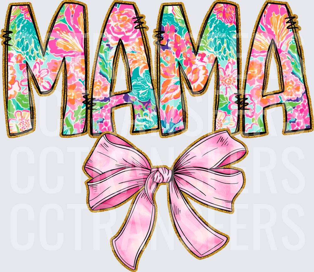 Mama Floral Gold Glitter Letters Pink Bow (DTF)