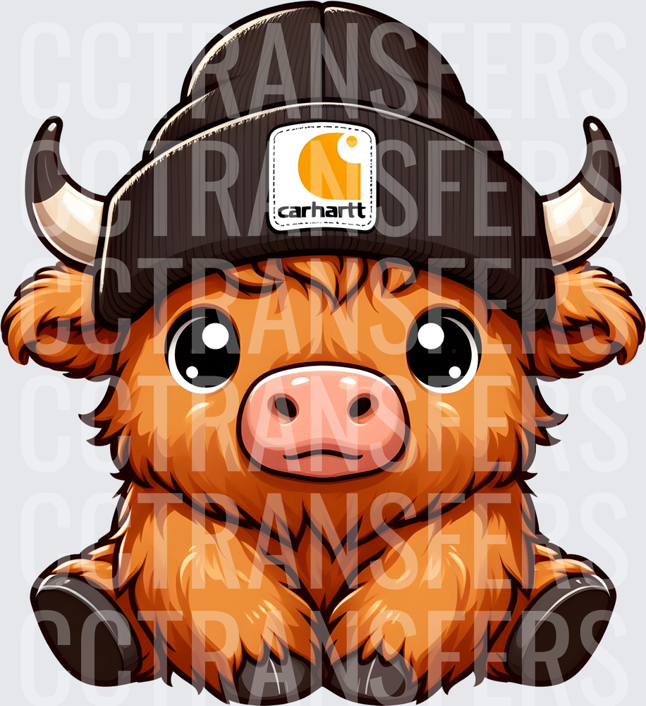 Cute Fluffy Baby Highland Cow Wearing Black Beanie (DTF)