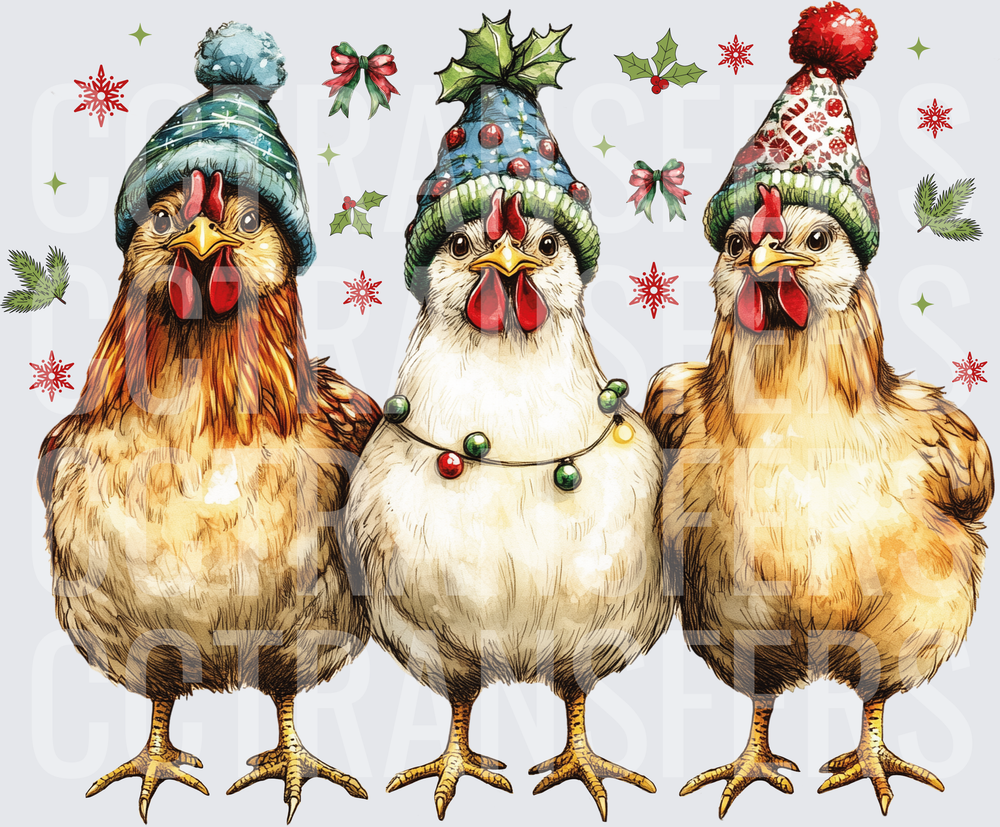 Three Christmas Chickens in Holiday Hats with Snowflakes (DTF)