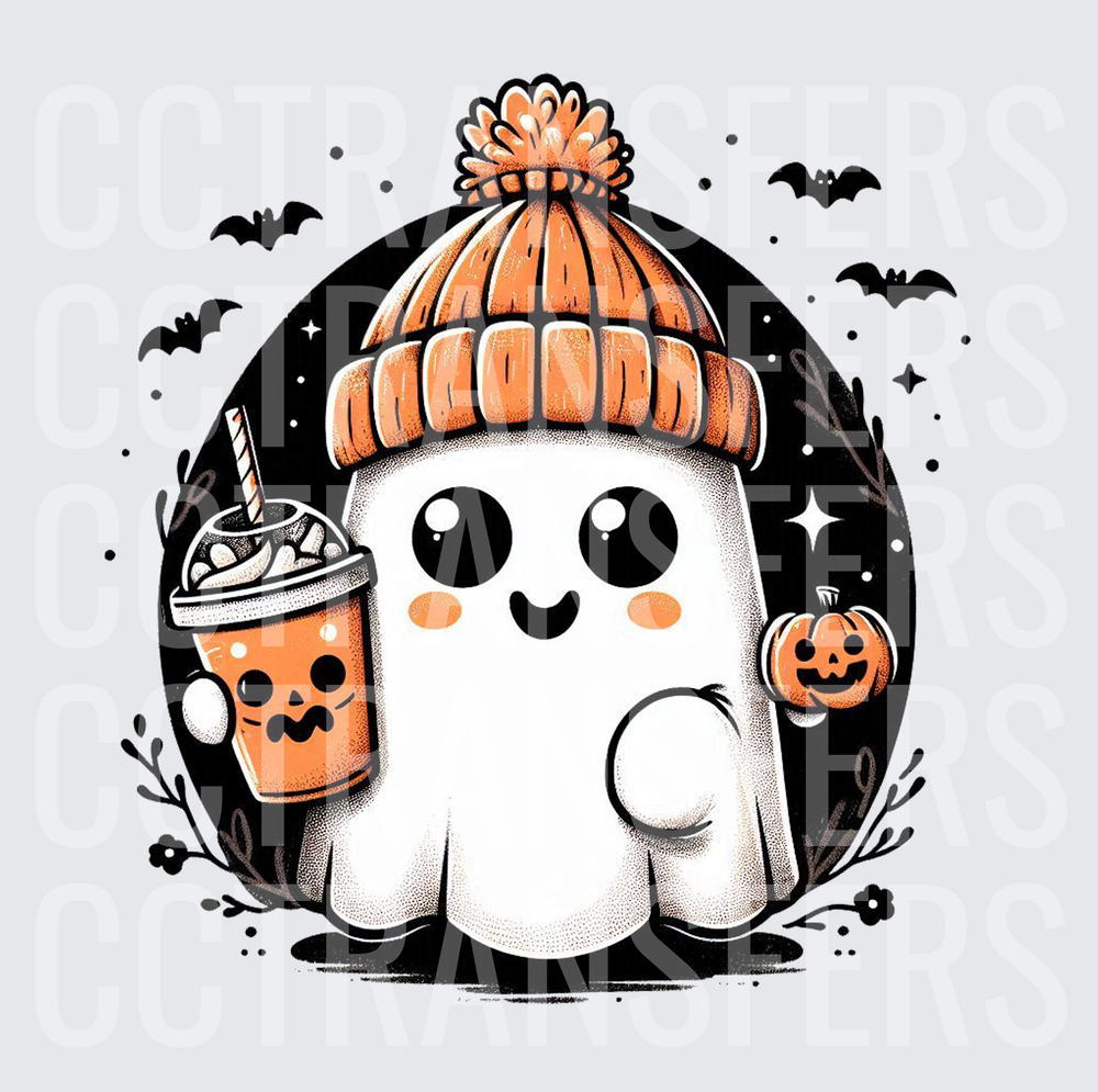Cute Ghost Orange Beanie Pumpkin Spice Coffee Bats Halloween (DTF)