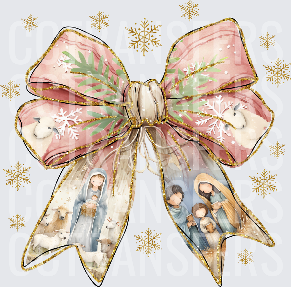 Nativity Scene Pink Gold Glitter Bow Snowflakes (DTF)