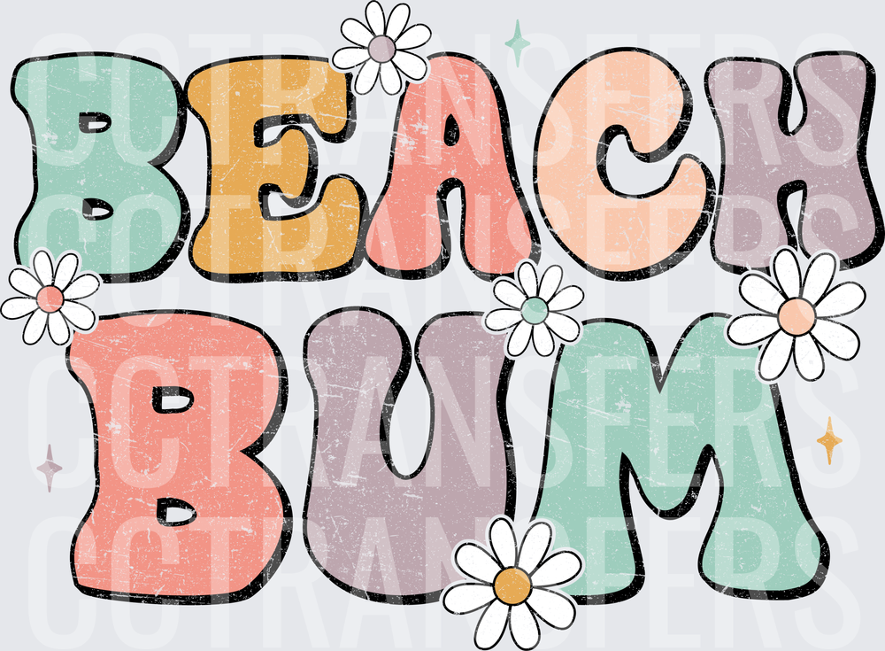 Retro Groovy Beach Bum Daisy Floral Distressed Letters (DTF)