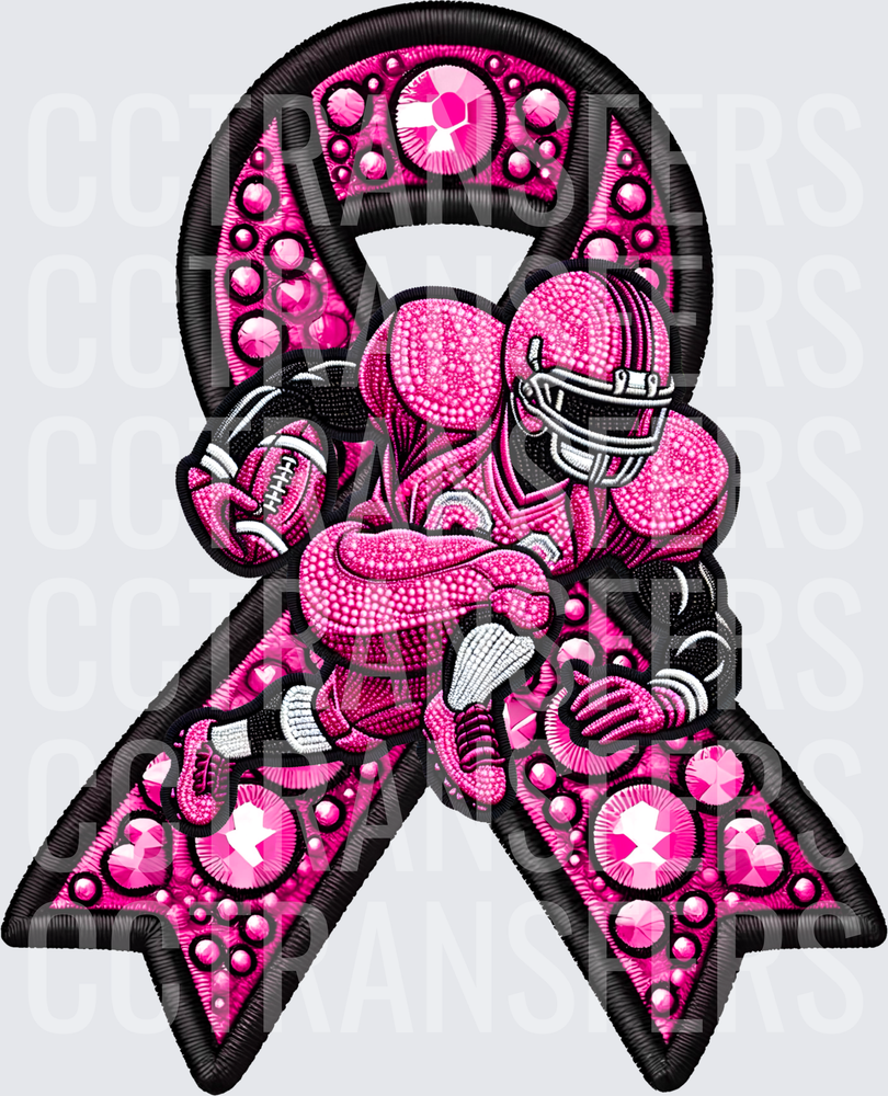 Pink Rhinestone Football Player Breast Cancer Awareness Ribbon (DTF)
