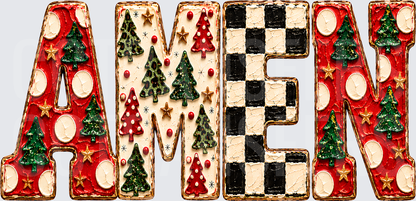 Amen Christmas Trees Patchwork Holiday Letters (DTF)