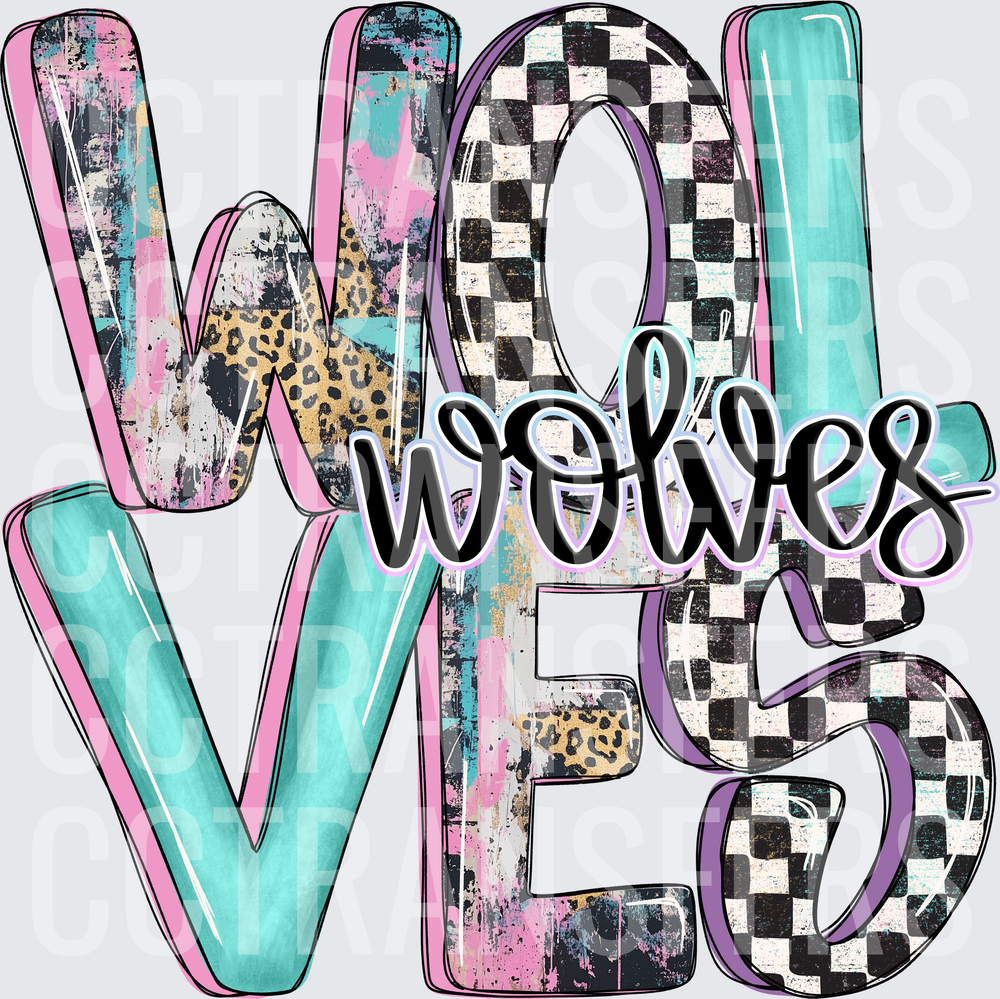 Wolves LOVE Stacked Letters Checkerboard Leopard Teal (DTF)