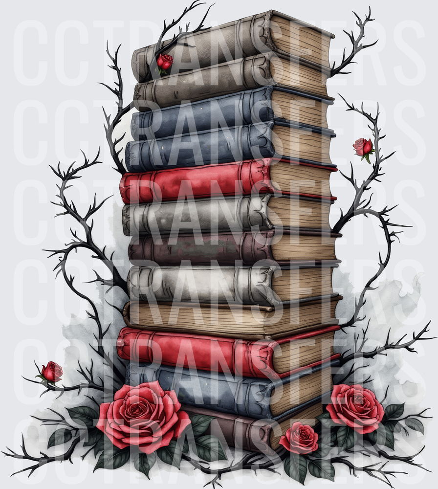 Gothic Stack of Old Books with Dark Thorns and Red Roses (DTF)