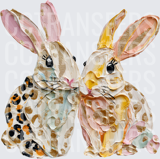 Pastel Leopard Print Bunny Pair Textured Oil Art (DTF)
