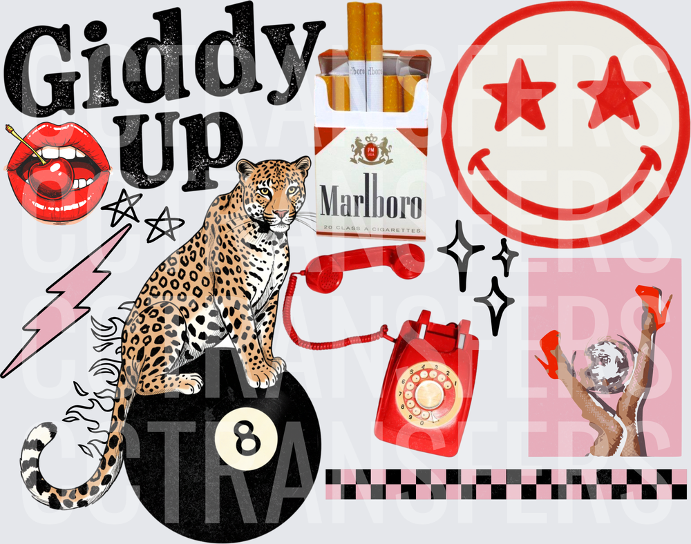Giddy Up Retro Collage Leopard 8 Ball Smiley (DTF)