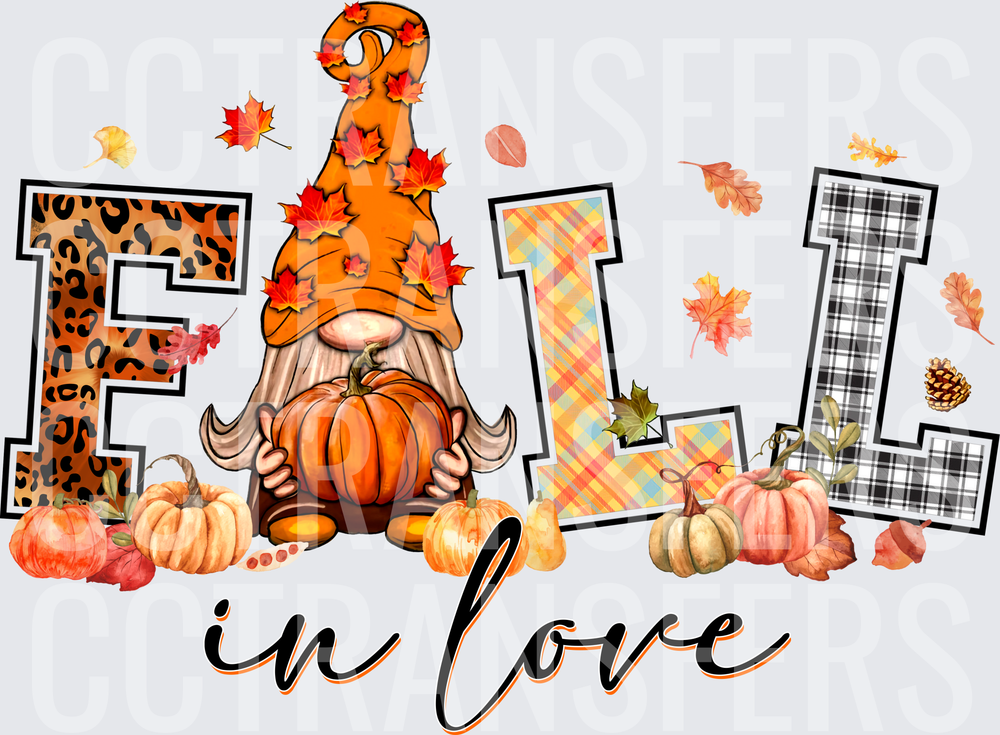 Fall In Love Gnome Pumpkin Autumn Leopard Plaid (DTF)