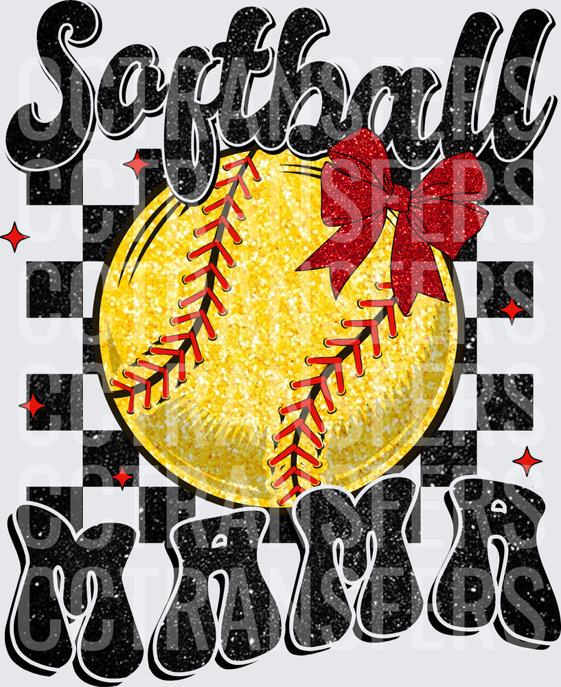 Softball Mama Glitter Ball Red Bow Checkered (DTF)