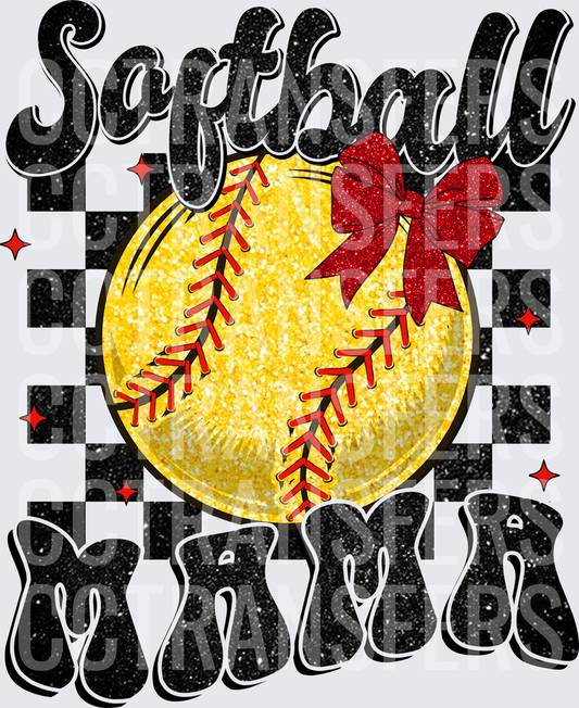 Softball Mama Glitter Ball Red Bow Checkered (DTF)