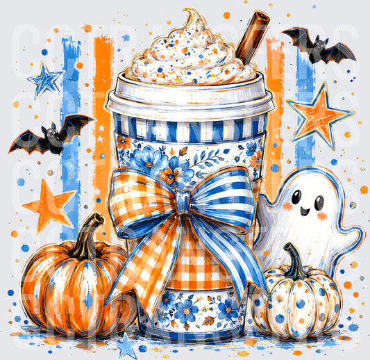 Halloween Coffee Cup Bow Pumpkins Ghost Bats Blue Orange (DTF)