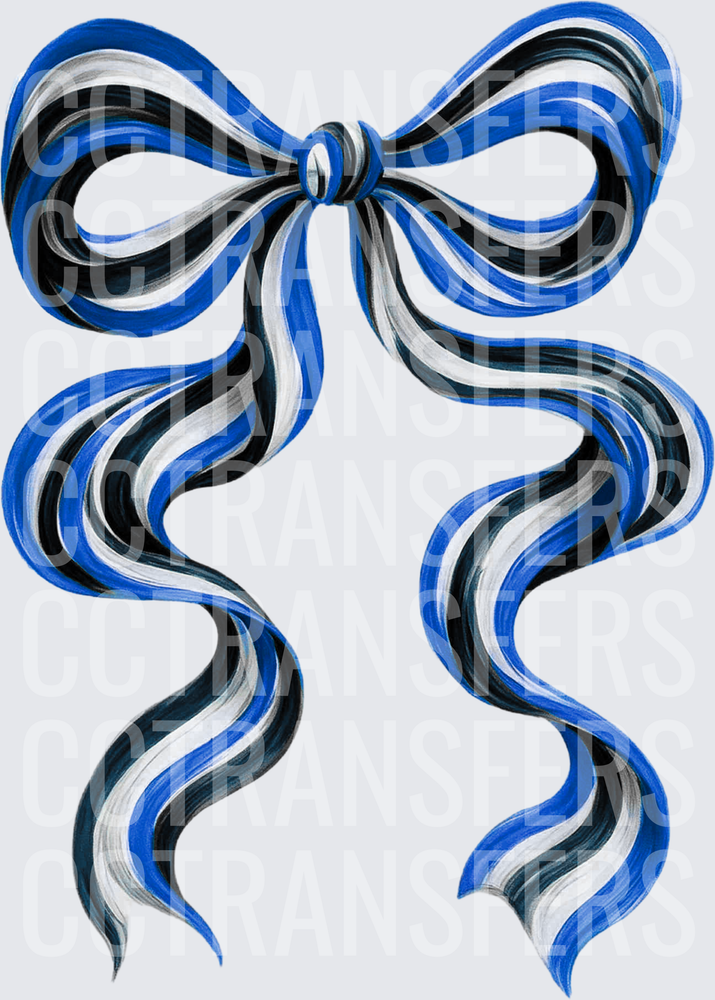 Blue Black White Striped Ribbon Bow with Flowing Tails (DTF)