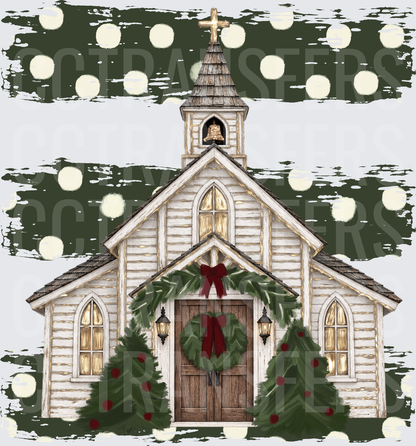 Rustic Christmas Church with Wreaths and Holiday Trees (DTF)