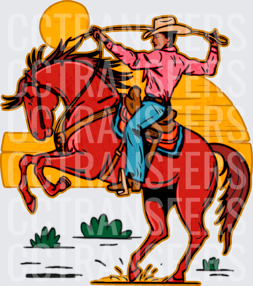 Retro Cowboy Swinging Lasso on Rearing Horse Sunset (DTF)