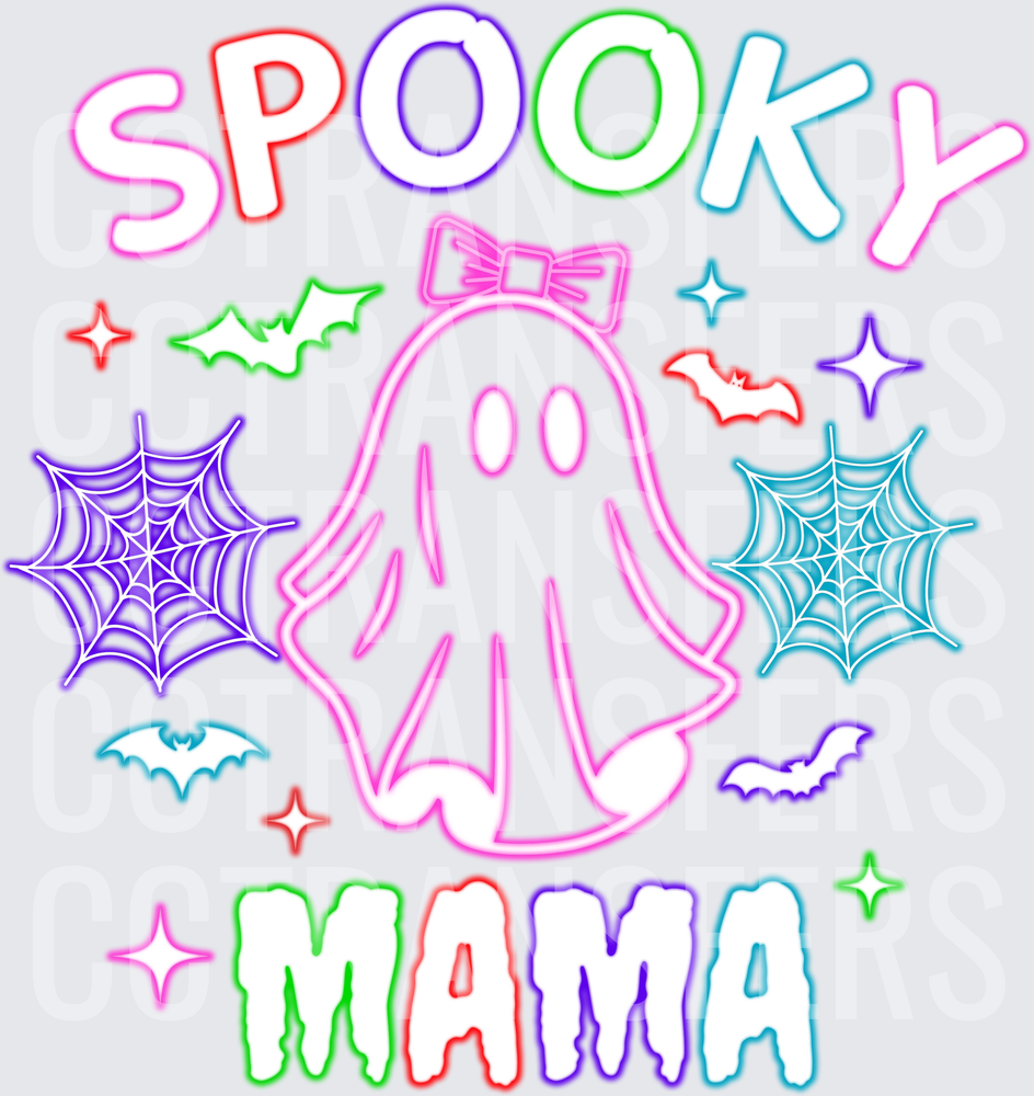 Spooky Mama Neon Ghost with Bow Halloween Design (DTF)