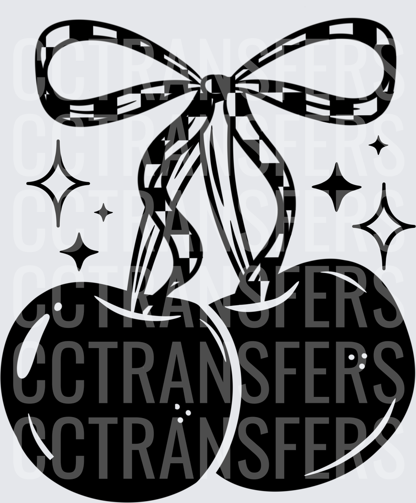 Black and White Cherries with Checkered Bow and Sparkles (DTF)