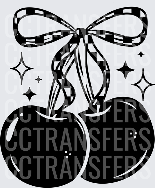Black and White Cherries with Checkered Bow and Sparkles (DTF)