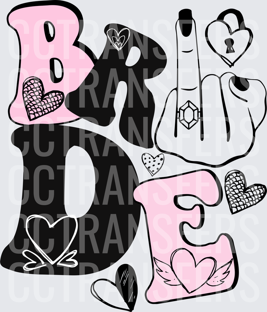 Bride Letter Stack With Ring Hand And Hearts (DTF)